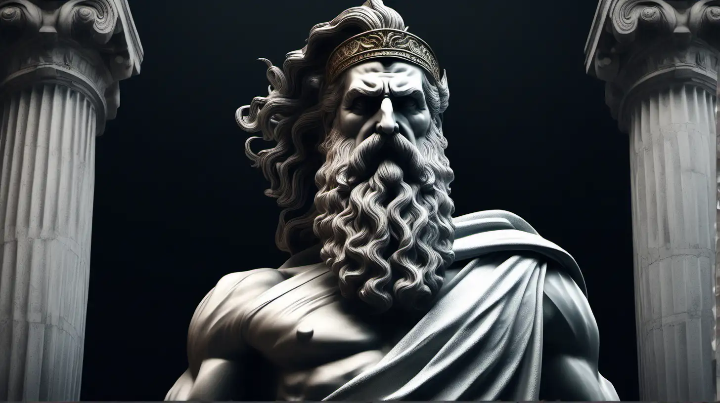 Create an image of a powerful,  ancient Greek old warrior statue with a long beard, adorned in regal king attire, set against the backdrop of a majestic and entirely black palace. 