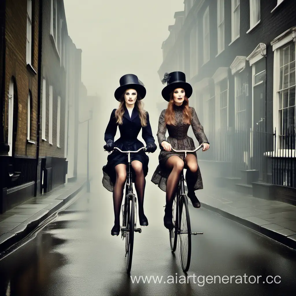 Two beautiful girls with long legs in silk stockings, luxurious dresses and hats rides a vintage tandem bicycle against the background of a narrow street in London, a 19th century horse. Puddles. Fog. Night. Omni lite.