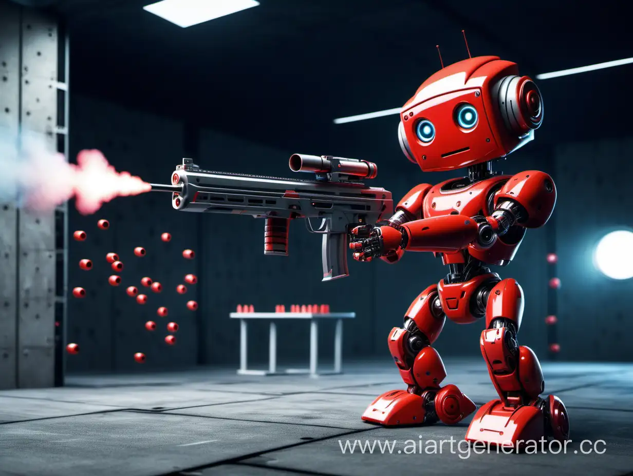 Милый красный робот стреляет из ружья в тире по мишеням