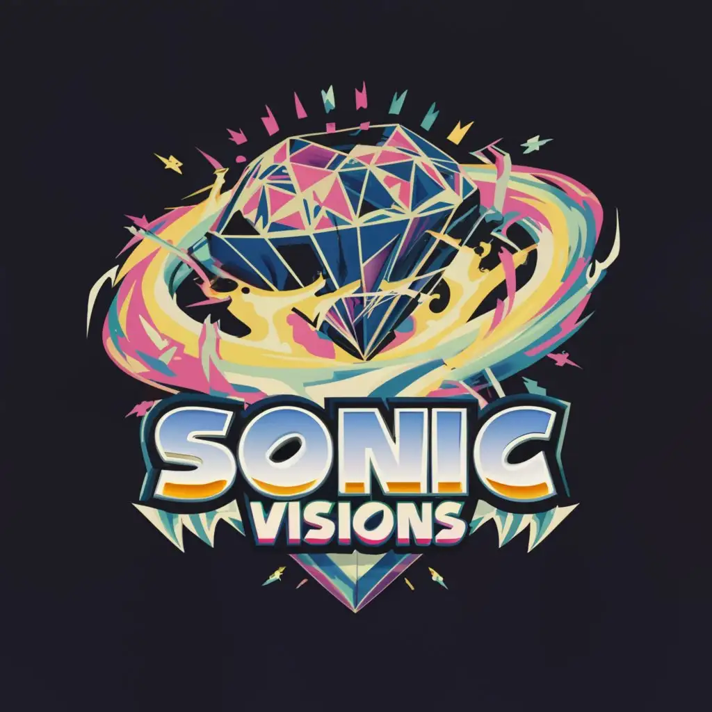 a logo design,with the text 'Sonic Visions', main symbol: fractured black hole diamond heart, psychedelic, spinning, sonic the hedgehog font, Moderate, to be used in Entertainment industry, transparent background