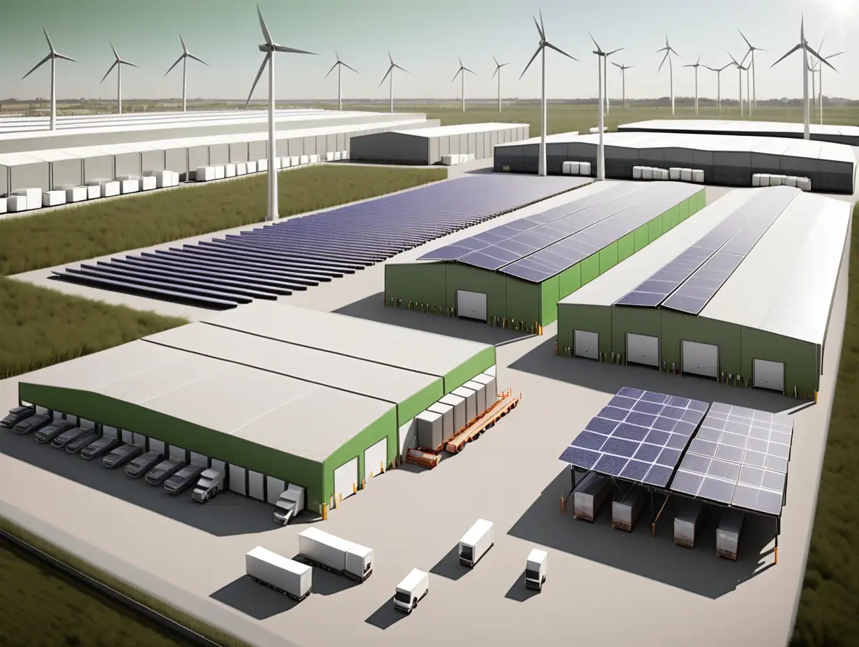 modern green energy efficient logistics warehouse with trailers parked perpendicular to warehouse in dedicated loading docks, solar pannels covering the warehouse's roof, a 5G communication tower and a wind turbine field in the background