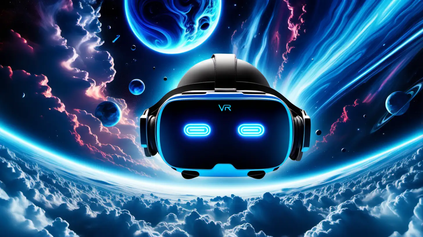 "VR" illuminated in neon blue against a backdrop of swirling cosmic clouds and futuristic spacecraft, portraying the integration of virtual reality in space exploration.