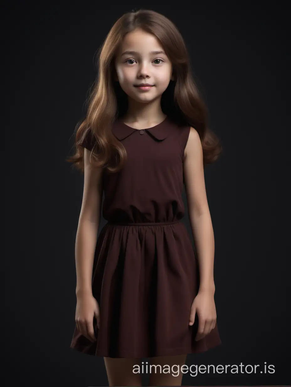  This 10-year-old girl has a slender body with graceful proportions. She has a round head with soft facial features. Her round eyes, hazel in color, radiate joy and curiosity. Her small nose is slightly upturned, giving her a friendly look. She has full, gentle lips that are often adorned with a cheerful smile. This girl's hair is long and thick, dark chestnut in color. It cascades down her back in soft waves, creating an elegant look. Her hair also has a natural shine and softness., 8K UHD, full body in image, She is facing the camera, her legs are crossed.