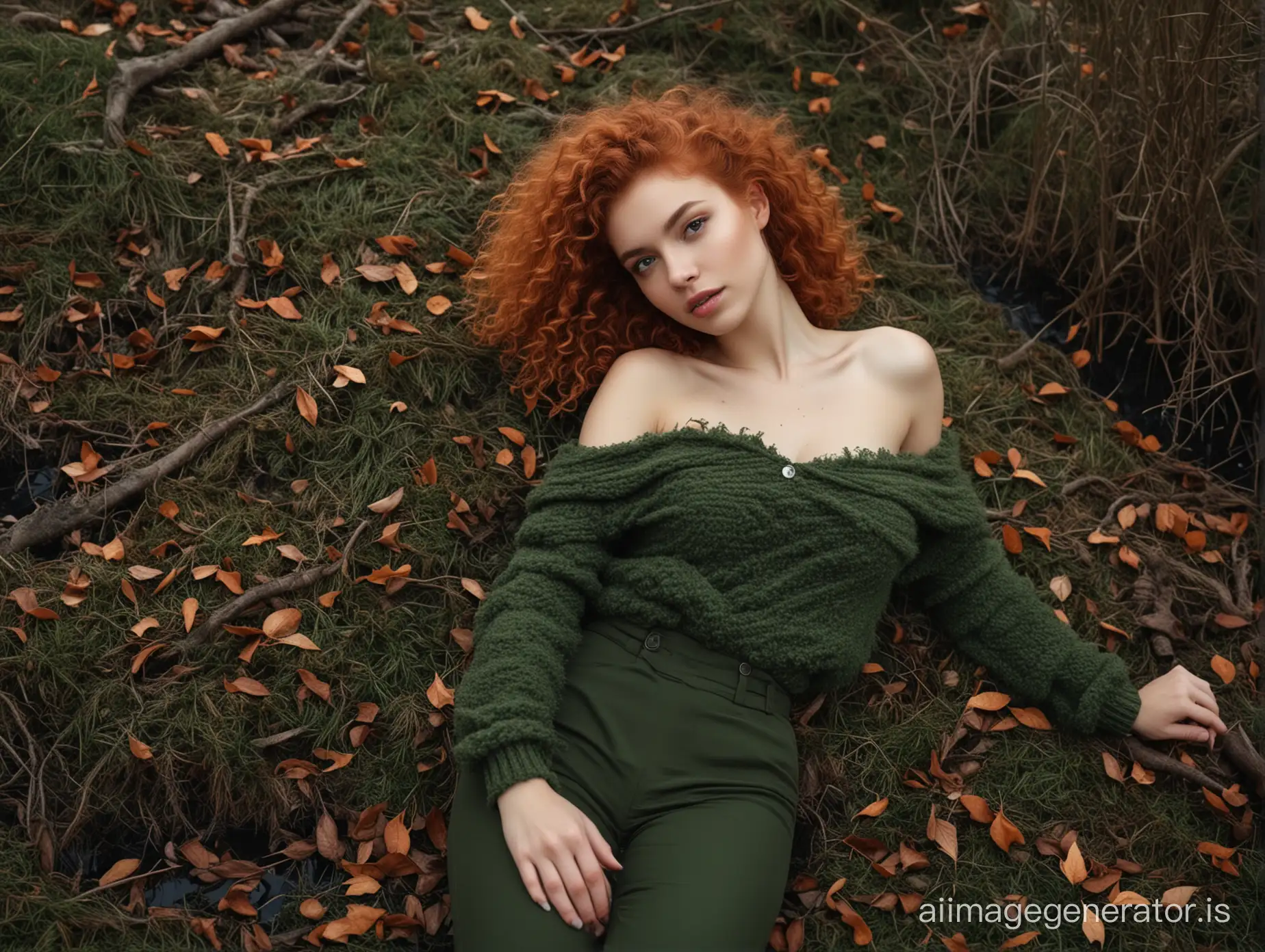 side lies waist-deep in a swamp beautiful fashion model european curly fiery-haired girls, fashion poses, slim waist, a soft smile. night. leaned over and looked from above. Wide collar and elegant in an off-shoulder tight fur sweater and pants. moss, fallen leaves and broken branches