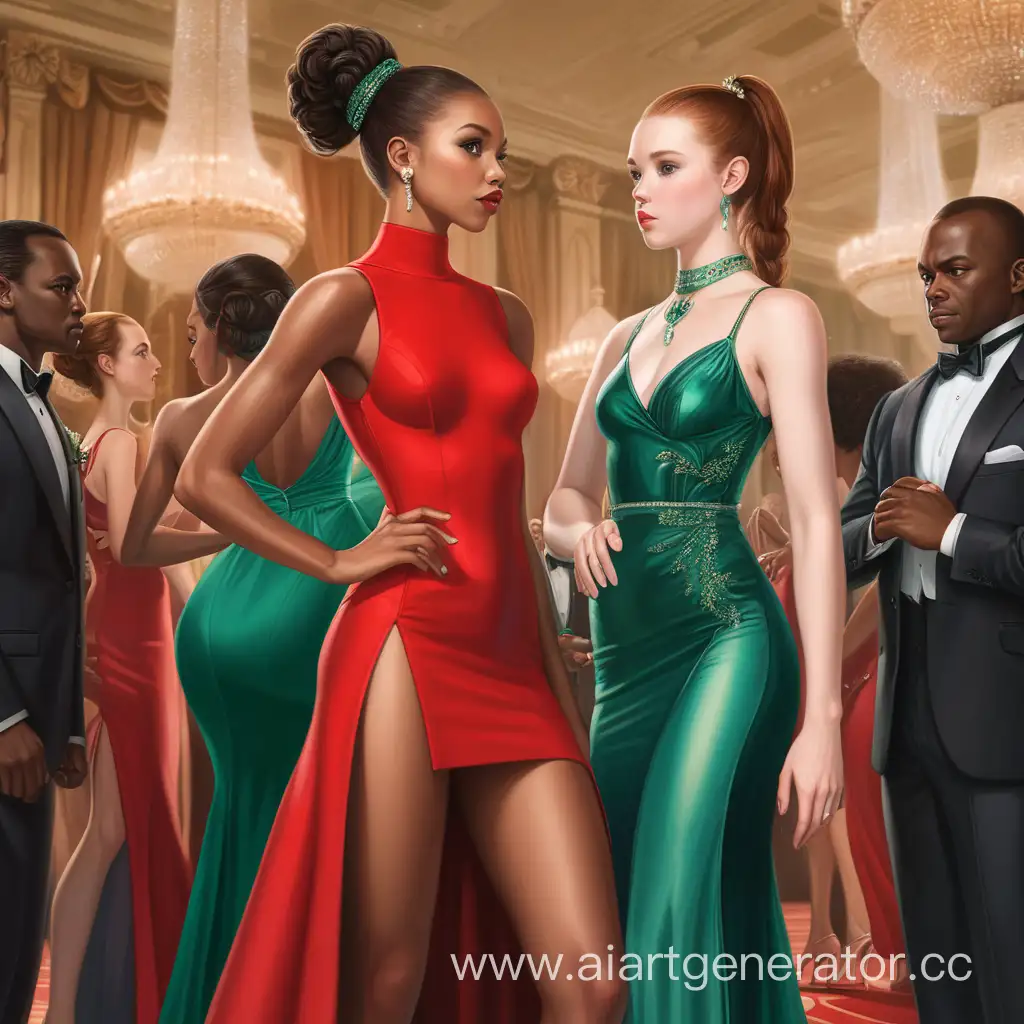 Две девушки, бланка солер в красном приталенном платье с вырезом на бедре на фоне бала, коричневые волосы, хвост, бледная кожа,
 другая девушка афроамериканка в изумрудном платье 
