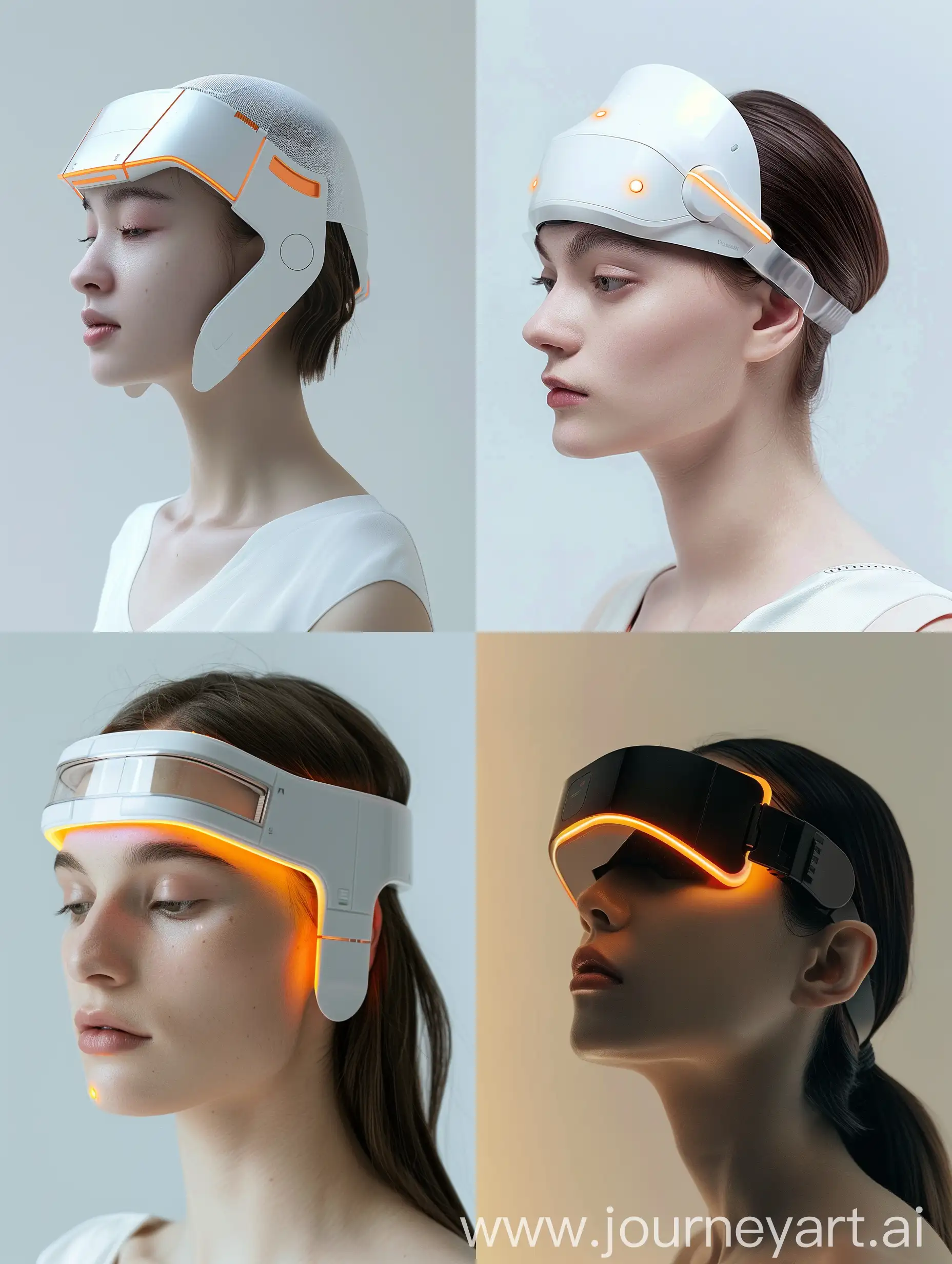 一款戴在头上的激光理疗产品，造型简约，方便携带，具有科技感，现代化