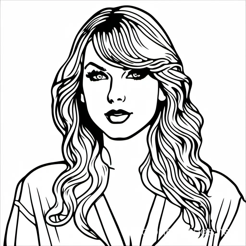 taylor swift, Coloring Page, black and white, line art, white background, Simplicity, Ample White Space. The background of the coloring page is plain white to make it easy for young children to color within the lines. The outlines of all the subjects are easy to distinguish, making it simple for kids to color without too much difficulty