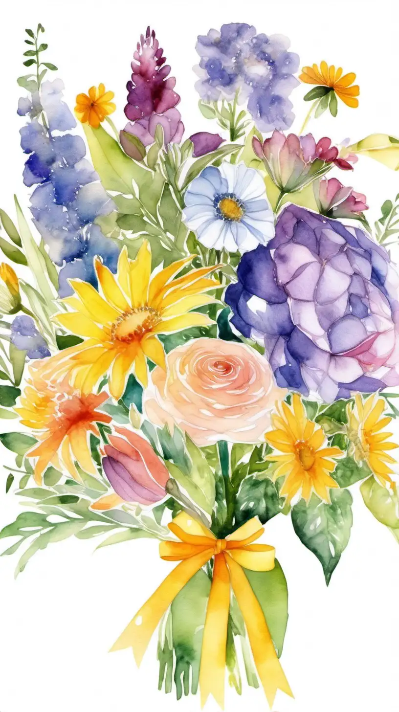 Grandmas Garden Vibrant Watercolor Bouquet of Birth Flowers Tied with Ribbon