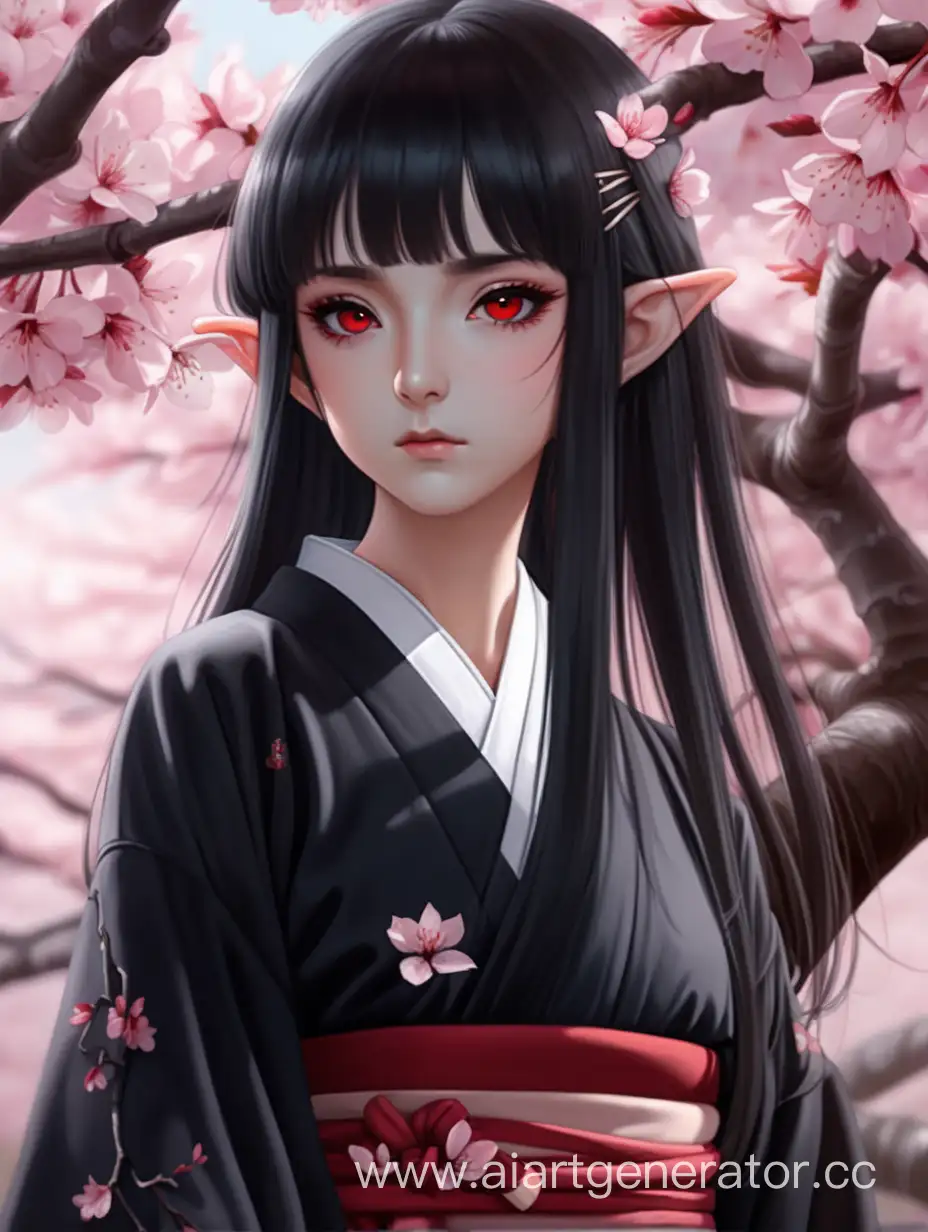 Mystical-Elf-Girl-in-Black-Kimono-Beneath-Cherry-Blossoms