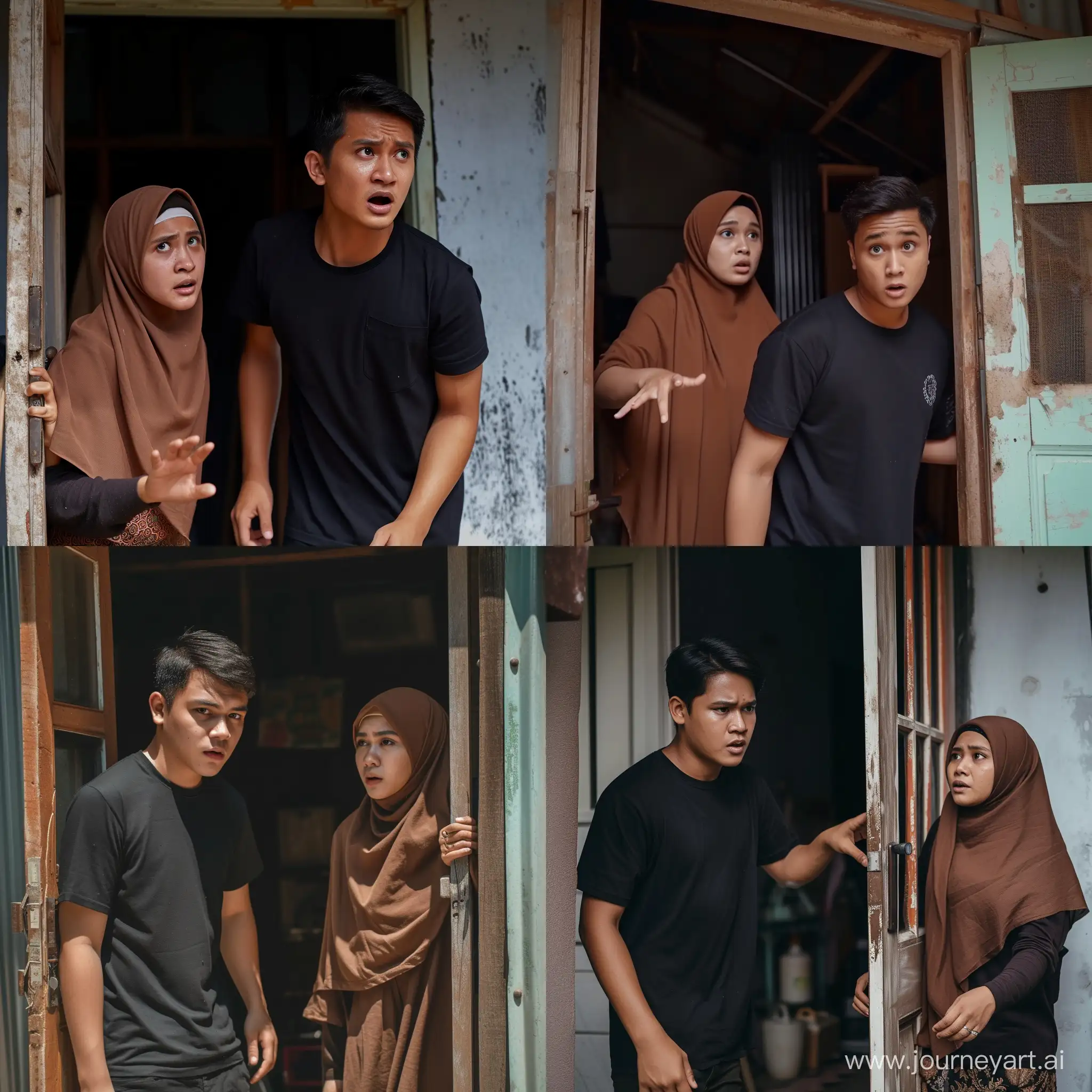 A young man wearing a black t-shirt and an Indonesian woman wearing a brown hijab opened the door of a simple house, with curious expressions on their faces. Front view,  horror movie scene