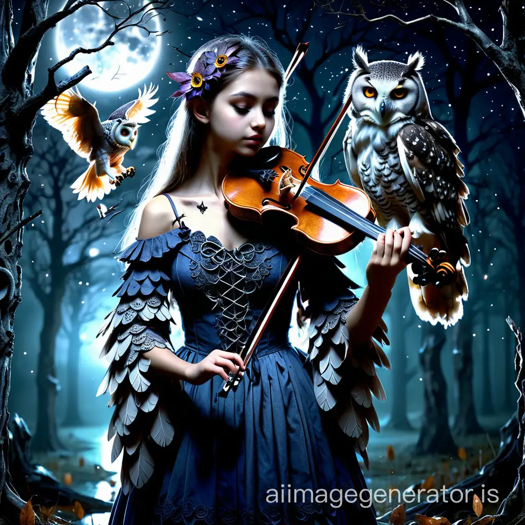 Mystical night, a girl plays the violin, a owl sits on her shoulder, HD