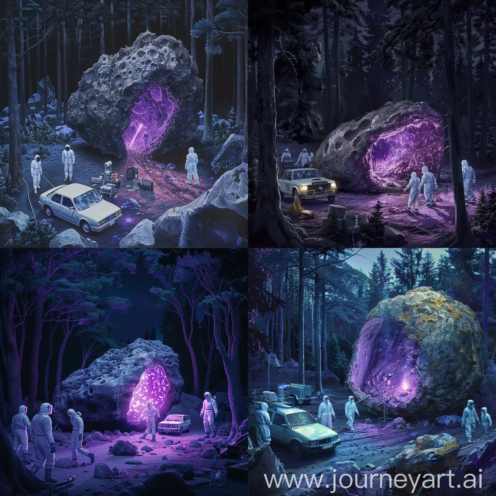 night forest. An entire asteroid lies on the ground, inside of which there is a dim purple glow.
Scientists in white protective overalls walk near him, as well as a car and equipment for research