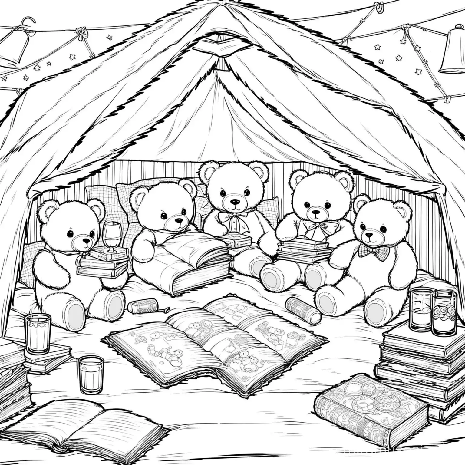 Teddy bears having a sleepover in a blanket fort. With drinks snacks com8c books and coloring books ready to be colored. 