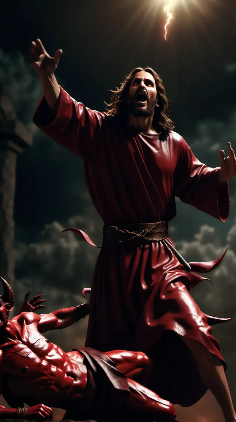 Jesus Christ defeating the devil, realistic, HD, 8K,dark,Cimatic 