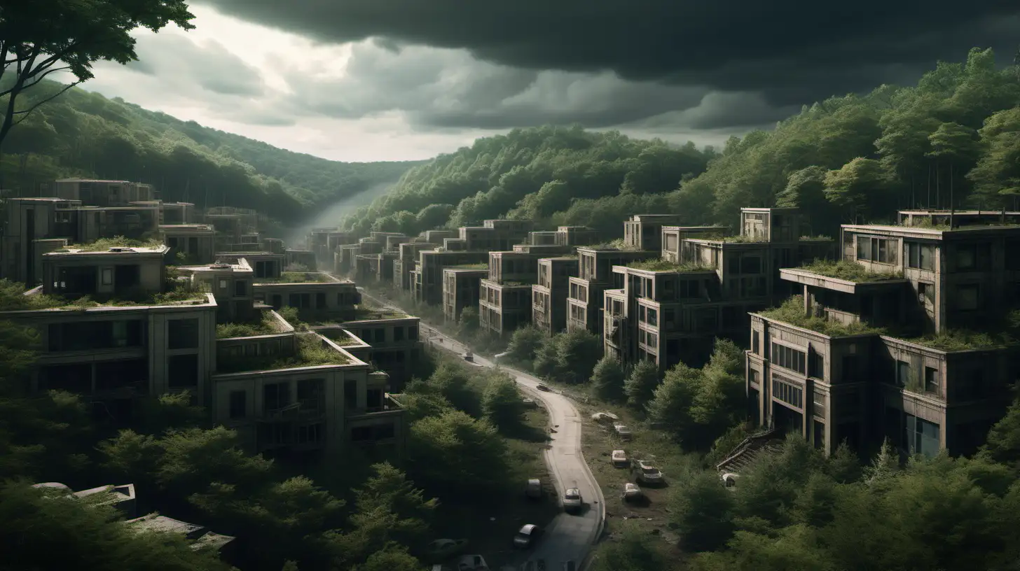 walled, isolated, upscale neighborhood in a temperate hill forest area, post-apocalyptic sci-fi