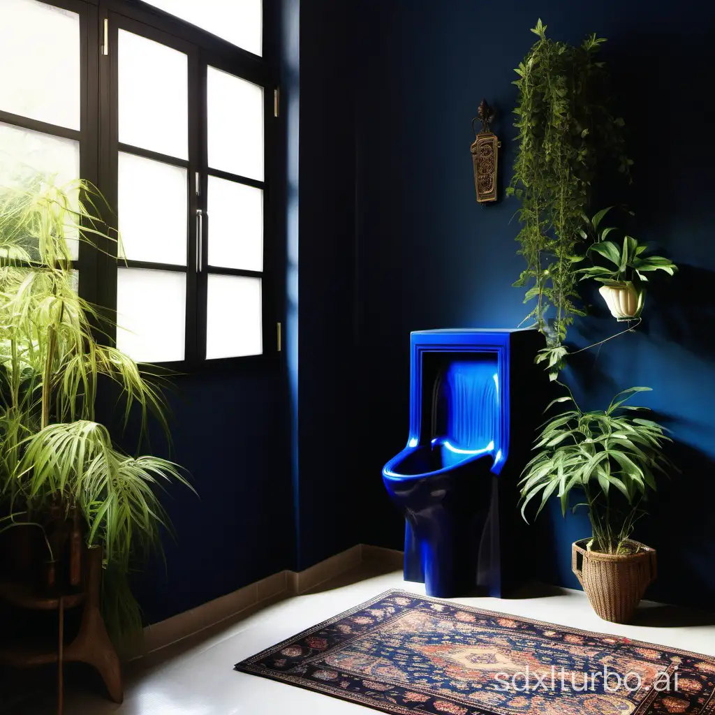 Dark-Blue-Ceramic-Urinal-in-Living-Room-with-Oriental-Carpet-and-Plants