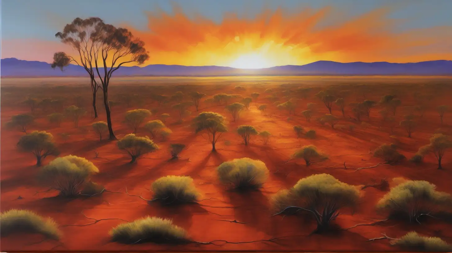 "Create a oil painting of the Australian outback, capturing the essence of its vast, rugged landscape under a brilliant sunset. The scene should be filled with the iconic red soil, sparse greenery, including the distinctive shapes of Eucalyptus trees scattered across the horizon. In the distance, the silhouette of a lone kangaroo should be visible against the backdrop of a setting sun, which bathes the scene in a warm, golden light. The painting should convey the tranquility and isolation of the outback, with broad, sweeping brushstrokes to emulate watercolour's fluidity and softness. This image should be in a 16:9 ratio, emphasizing the wide, open spaces that characterize the Australian wilderness.",
"size": "1792x1024"--v5