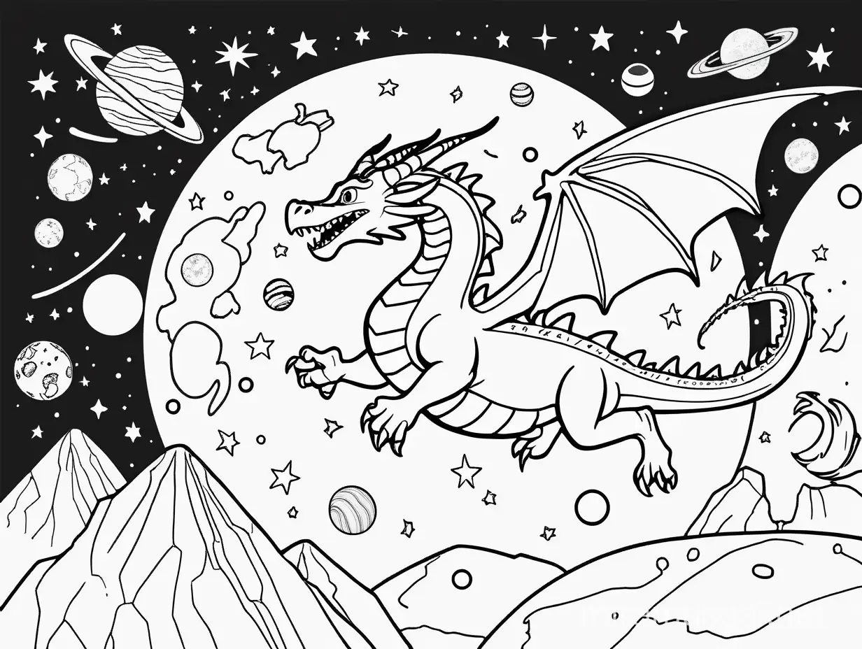 Dragon Flying Through Space Coloring Page for Kids