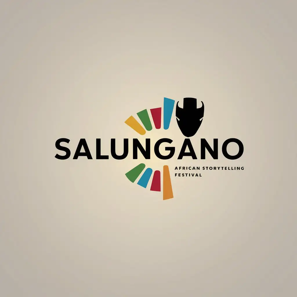 minimalistic colour logo for "SALUNGANO" title must centre the logo, african colours, Smaller title "African Storytelling Festival" white background
