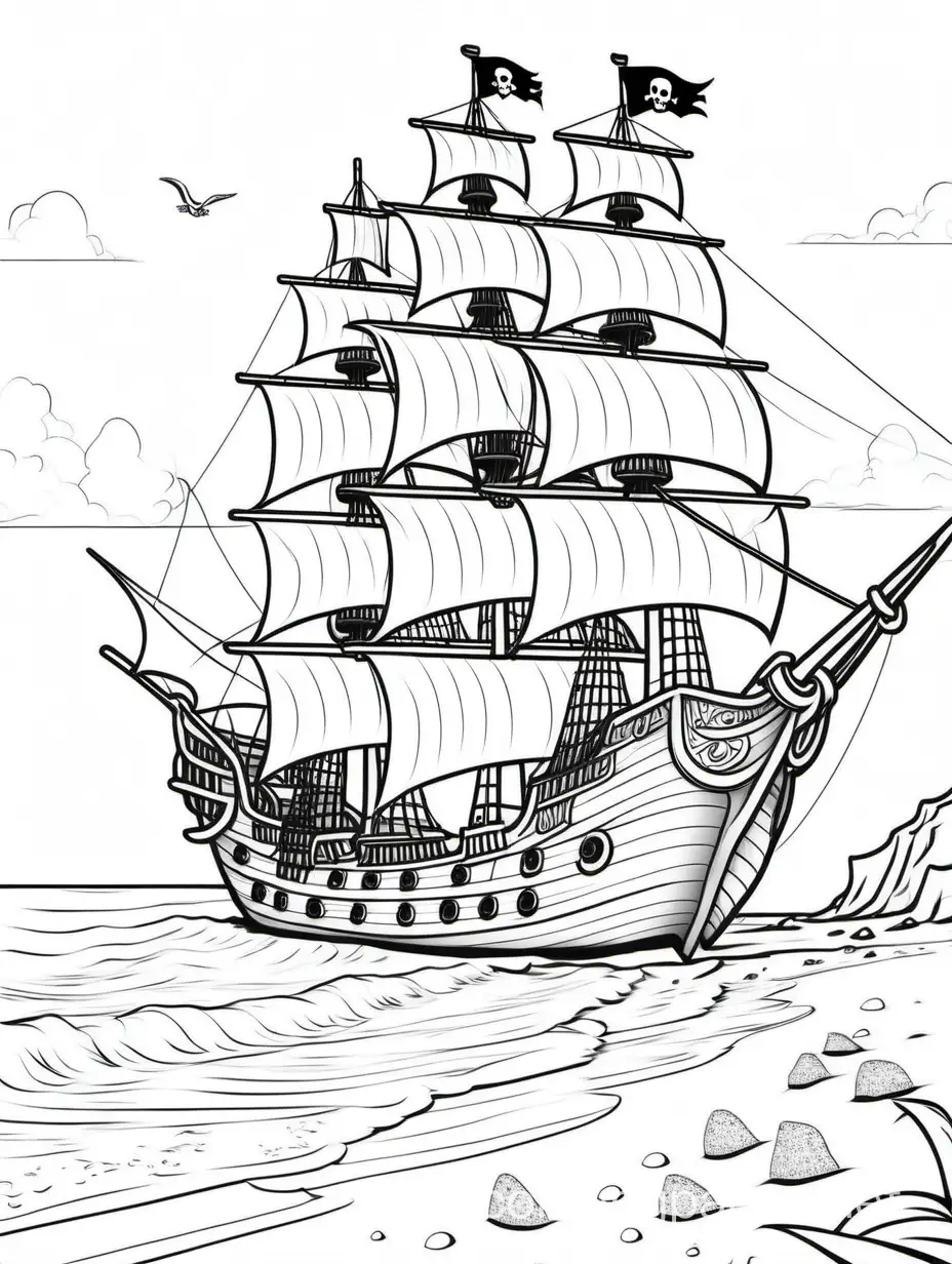  barco pirata anclado en la playa al lado de grandes buques, Coloring Page, black and white, line art, white background, Simplicity, Ample White Space. The background of the coloring page is plain white to make it easy for young children to color within the lines. The outlines of all the subjects are easy to distinguish, making it simple for kids to color without too much difficulty