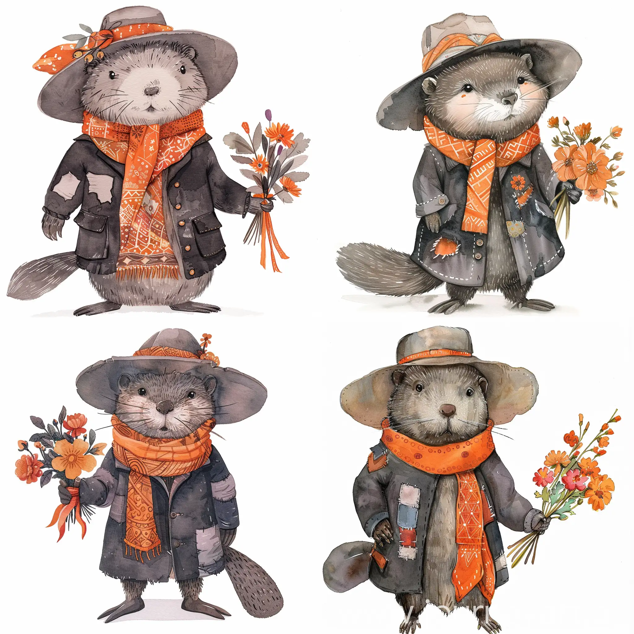 Adorable broken wash watercolor illustration of a charming beaver. The cute beaver should wear a worn and patched dark grey coat, An open orange scarf with intricate patterns tied around the neck, and a wide-brimmed hat. In its hand, it holds a bouquet of flowers. Keep the overall look whimsical and friendly for a story tale book, neutral colors.