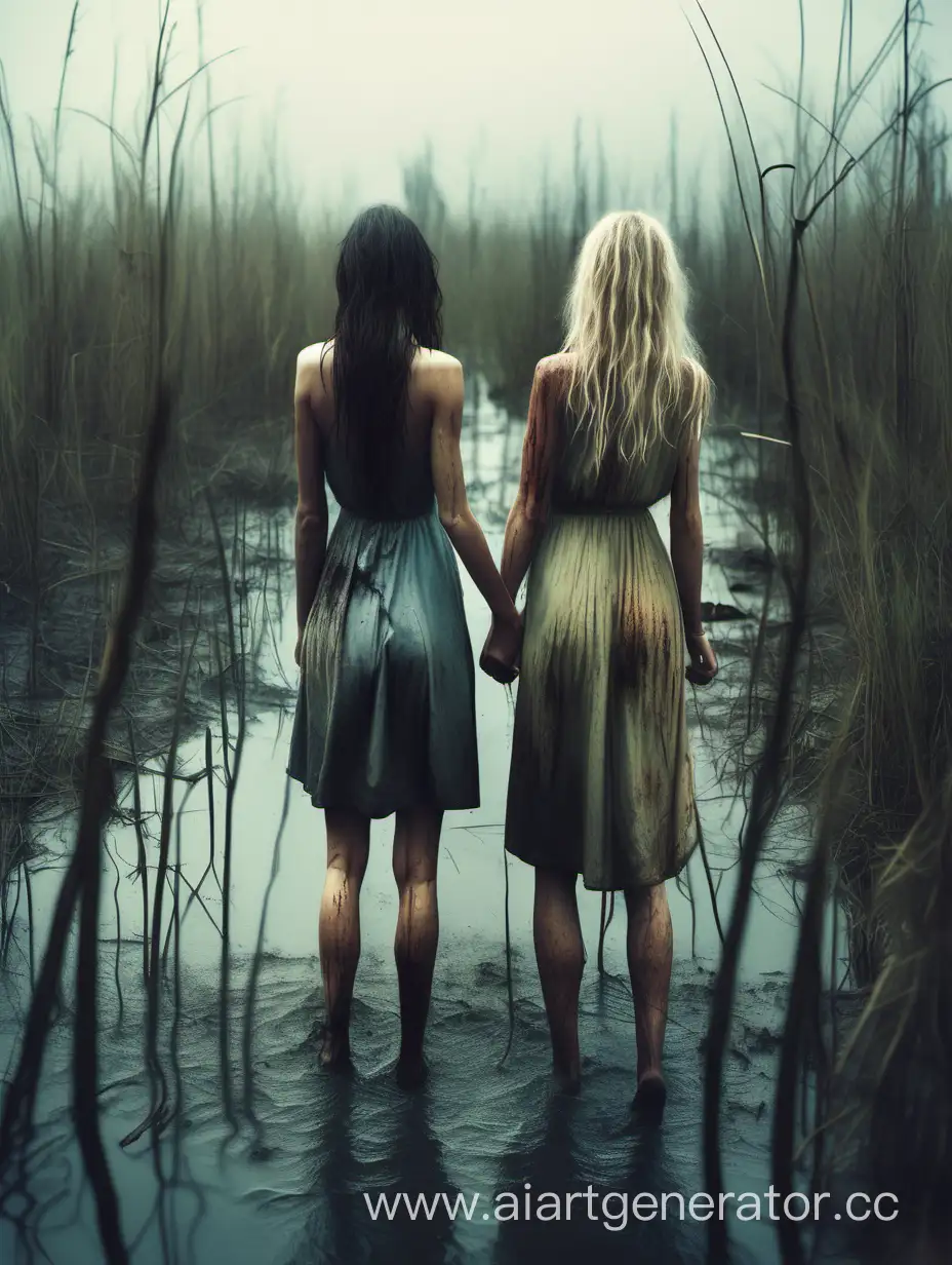 Two young long-legged slender women, one in a dress, the other without anything, one brunette, the other blonde, miraculously got out of the swampy mire on the island, dirty, soaked, hugging and crying with happiness that stayed alive