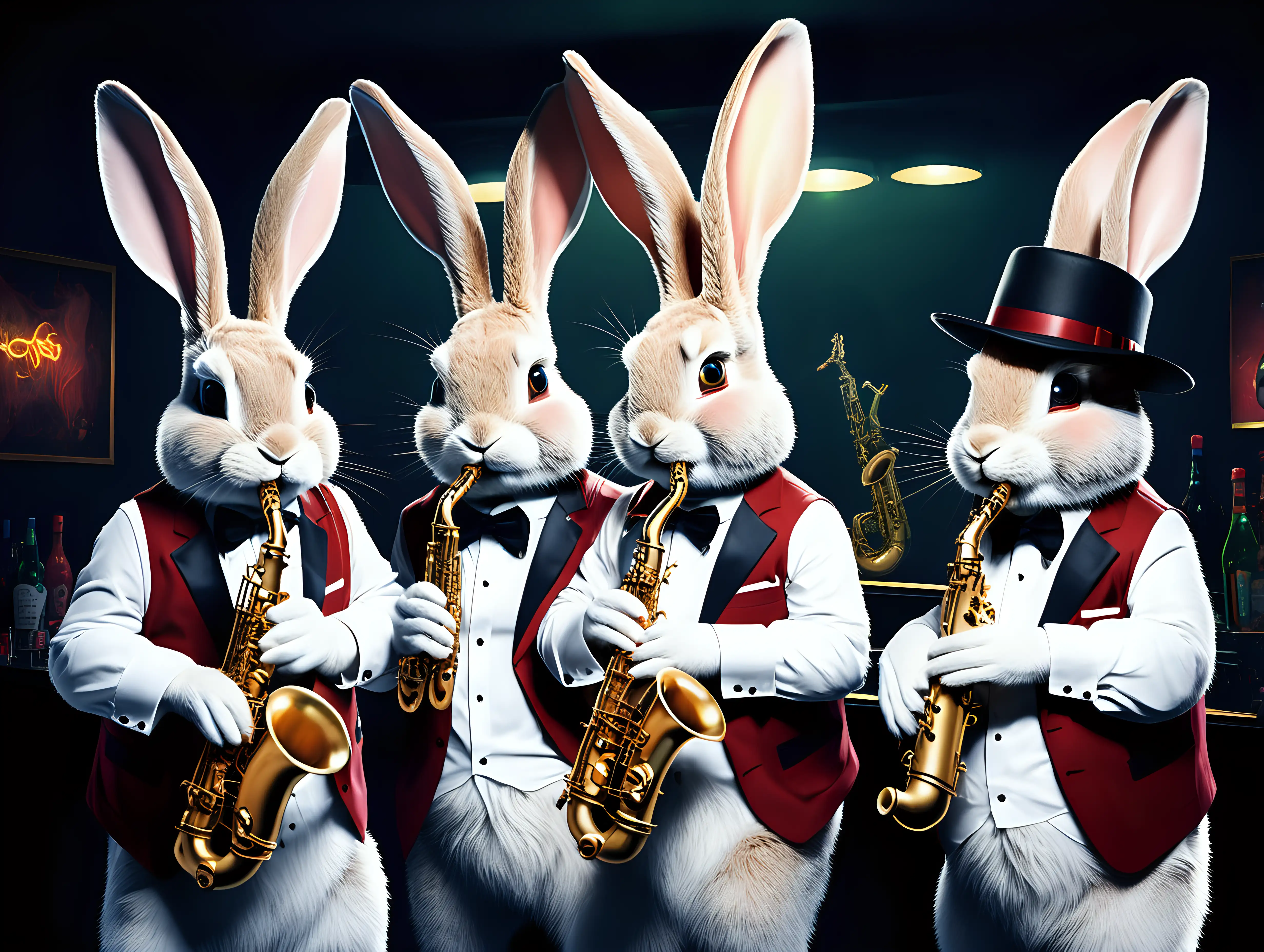 3 rabbits in hats playing saxophones in a night club