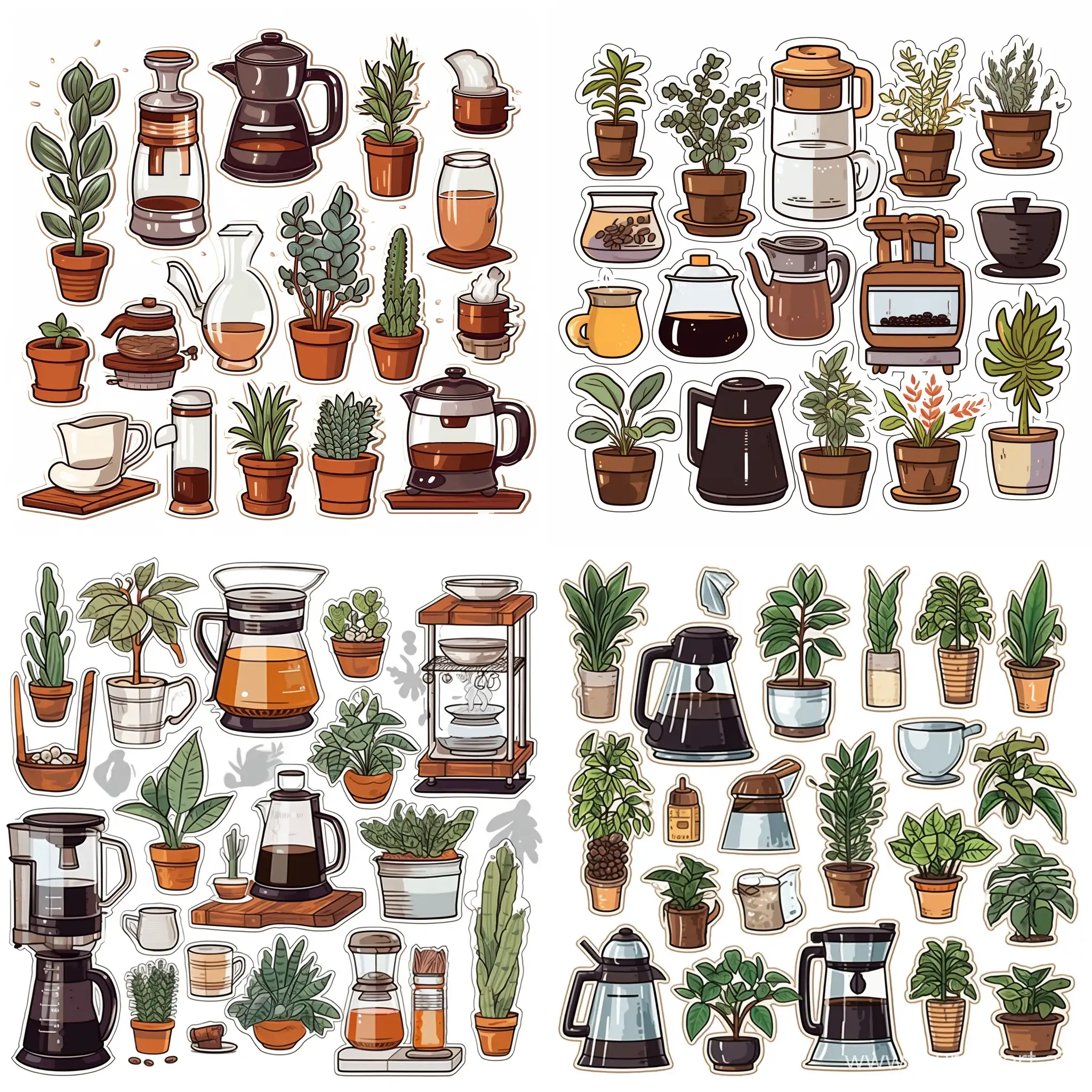 create a set of stickers contains cafe, black coffee, cup of coffee, coffee beans, new coffee machine, V60 coffee, ice drip coffee, plants.

make the background transparent, stroke line size around each sticker, hand-drawn. each sticker size 1:1