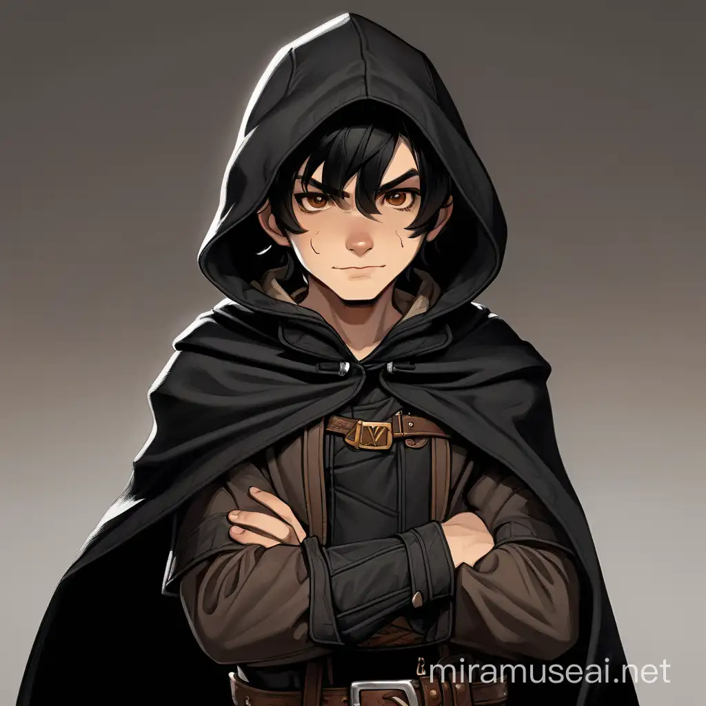 young boy, fair skin and black hair, deep eyes, wears a black cape similar to a hooded coat, wears D&D rogue clothes, has a cigarette in his mouth and a scar on his eye, has honey brown eyes, his face has a sarcastic expression smile, holds two black daggers