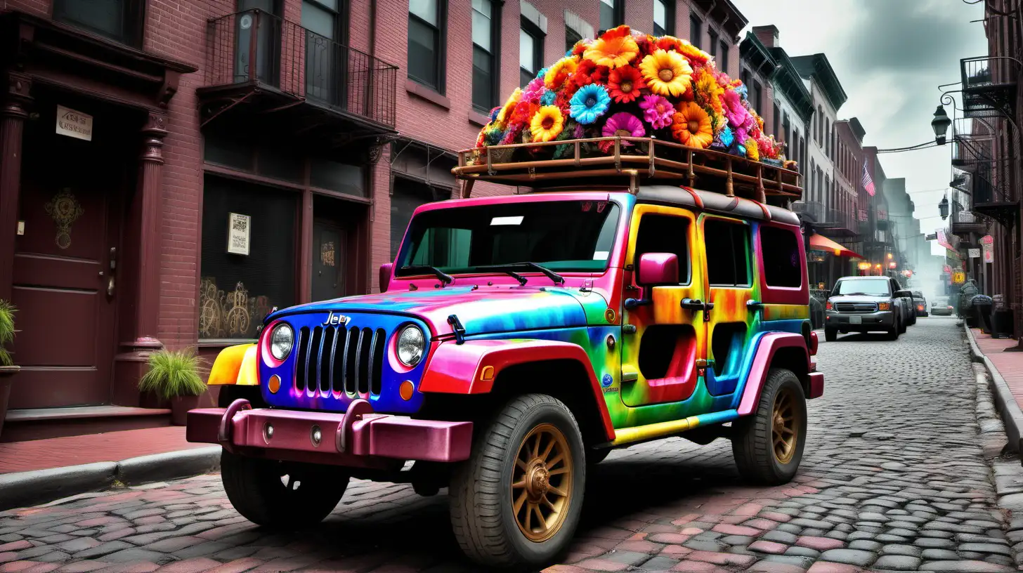 /imagine prompt: An image of a Jeep parked on a cobblestone street, its exterior a canvas of bright tie-dye patterns, steampunk accents like cogwheels and steam chimneys, and crosses intermixed with floral designs. Created Using: classic hippie van, cobblestone street, tie-dye patterns, steampunk accents, cogwheels, steam chimneys, crosses, floral designs, crosses --ar 16:9 --v 6.0