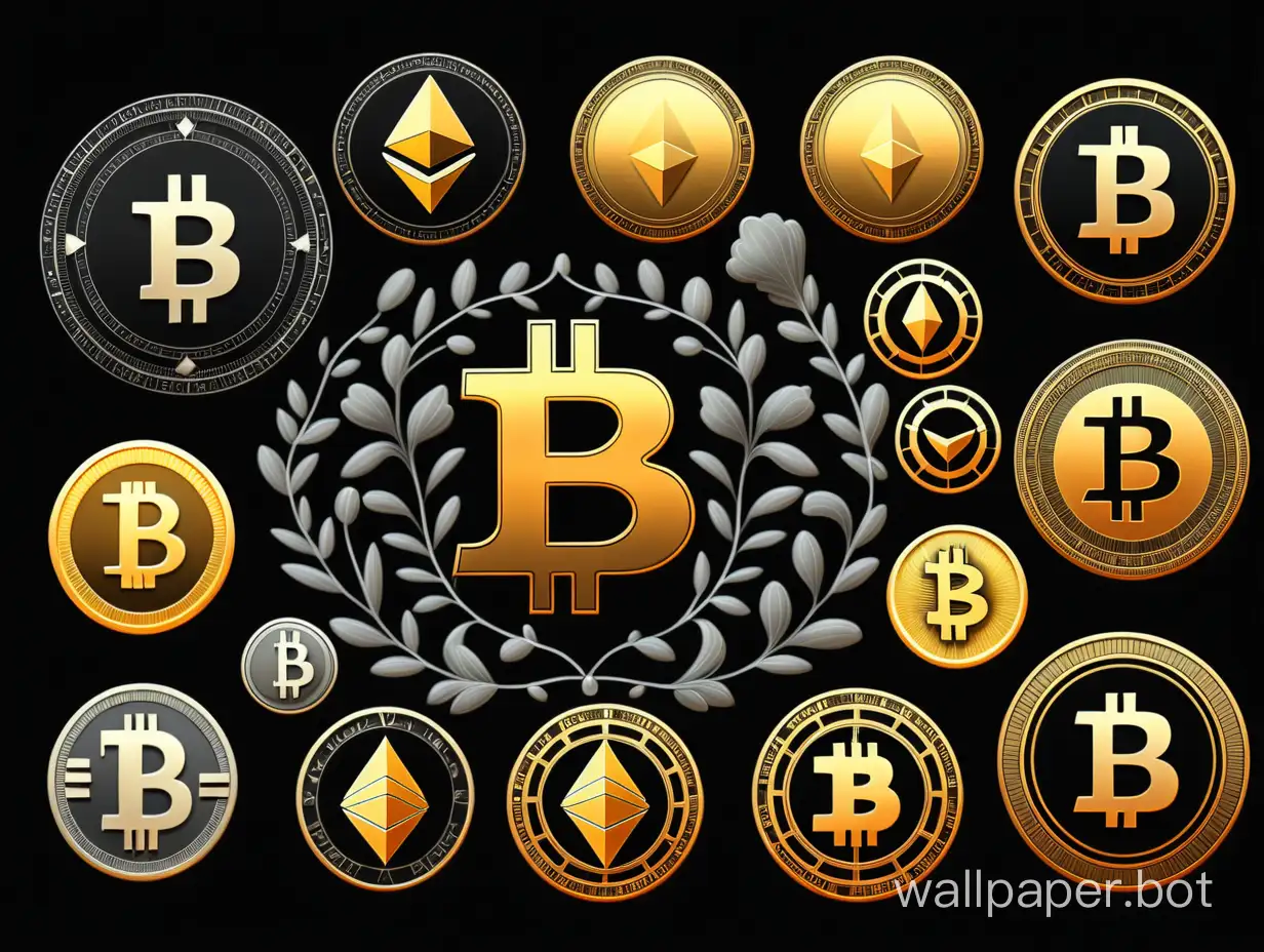 Design of the most popular cryptocurrencies in antique style on a black background