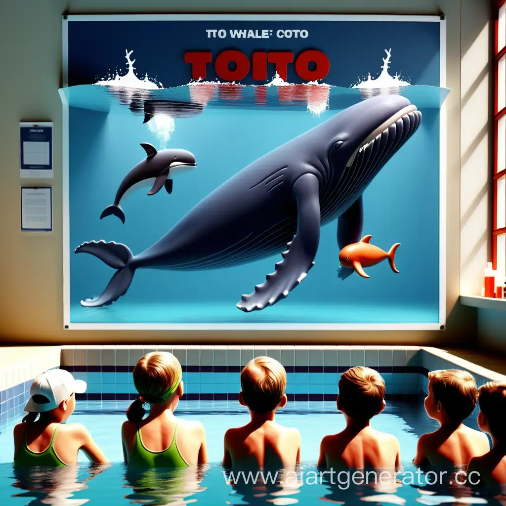 тренер по плаванию и дети в бассейне и чтоб на стене висел плакат с надписью "ТОТО" и китом 
