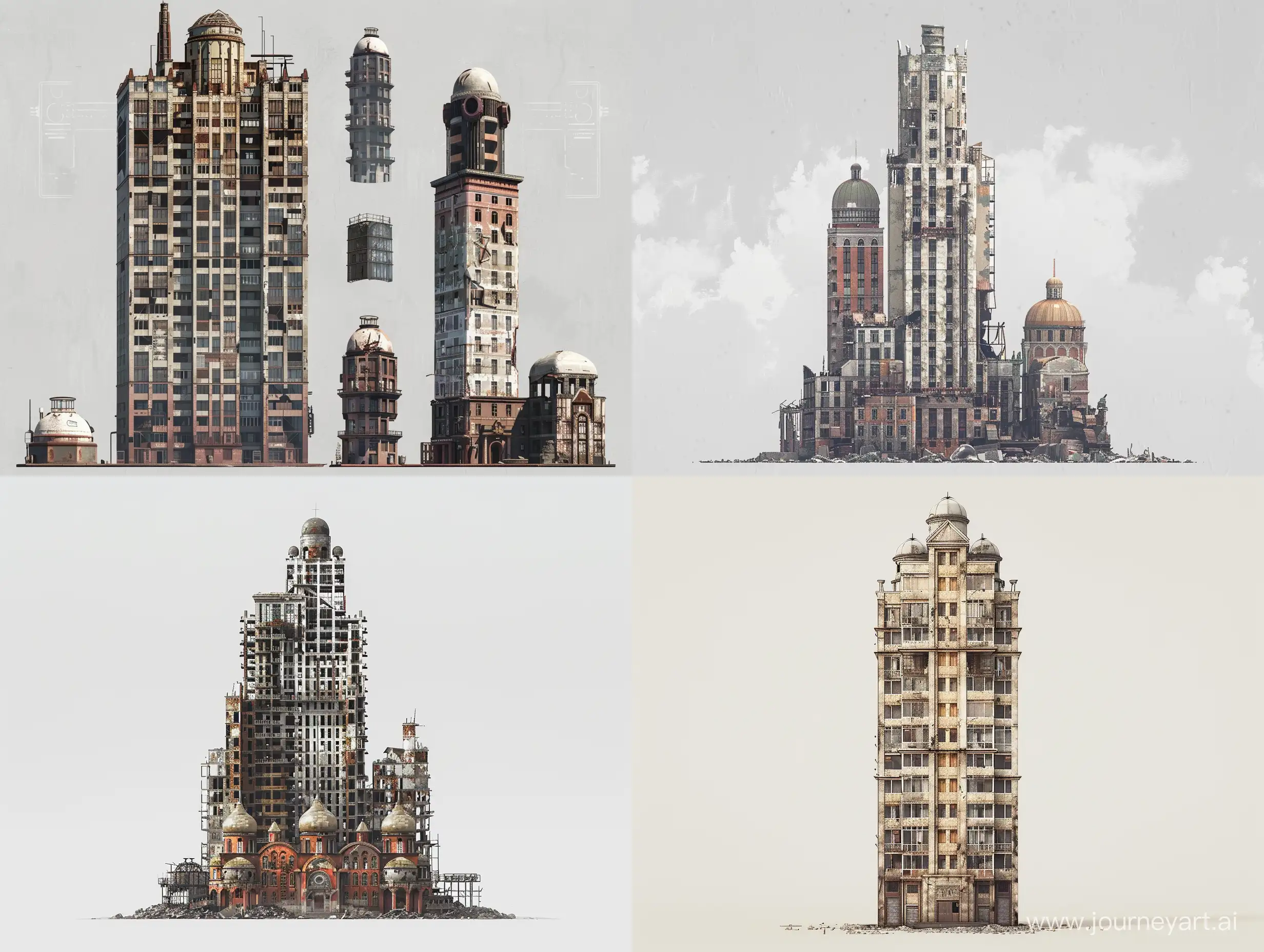 front view. a set of sprites for a 2D platformer. post-apocalypse, brutalism. The tall building is aggressive. with domes. an ancient Russian house. The tower of the future. A map of sprites.minimalism. post-apocalypse, brutalism. 8k. photorealism, unreal engine