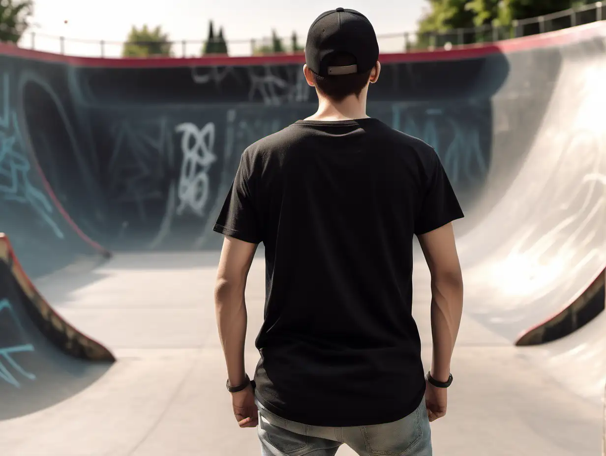 men with black t-shirt facing backward, super realistic, background in skatepark, semi walking