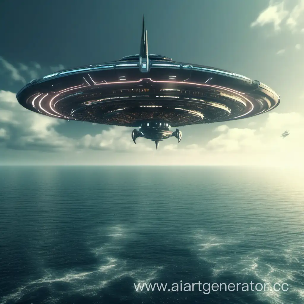 A Starship from the future hanging over the sea realistic 4k