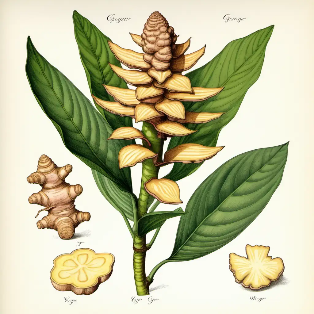 Vivid Botanical Illustration Ginger Plant for Herb Enthusiasts