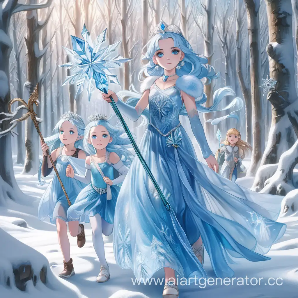 Девушка с бледно-голубыми волосами и голубыми глазами в ледяном платье и ледяной диадеме, в зимнем солнечном лесу, держащая в руках ледяной посох, рядом с ней бегают две девочки лет семи