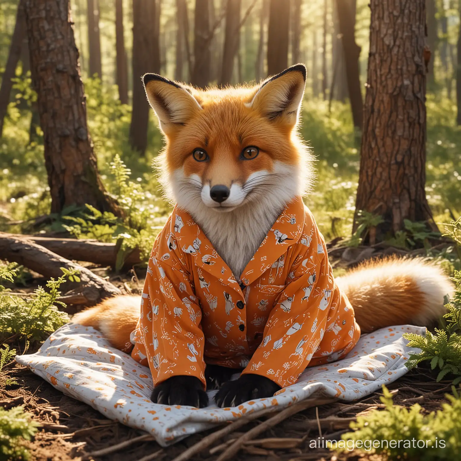 The fox in the sunny forest in pajamas