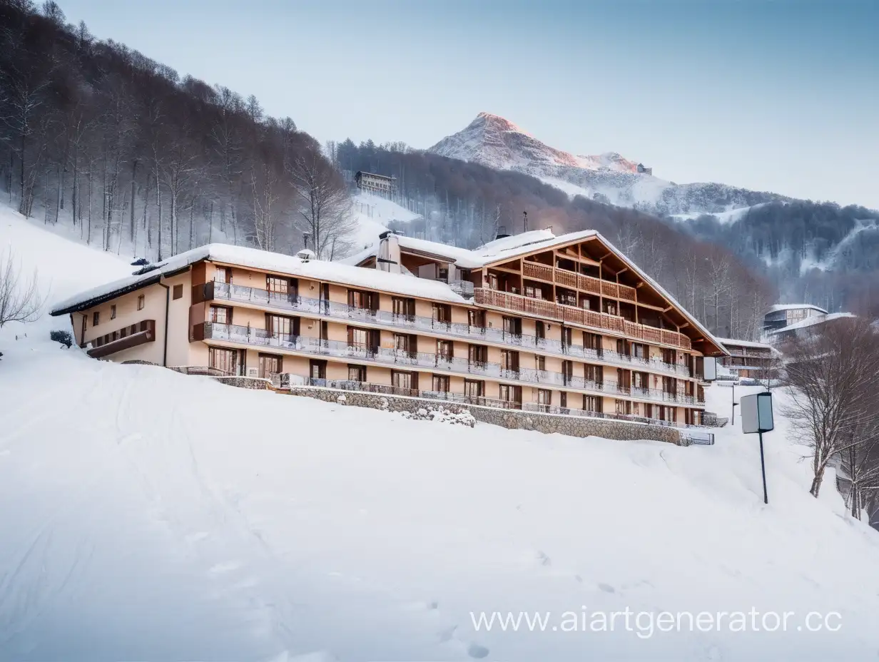 Отель находившиеся в горах, под горой в зимний период, со снегом 