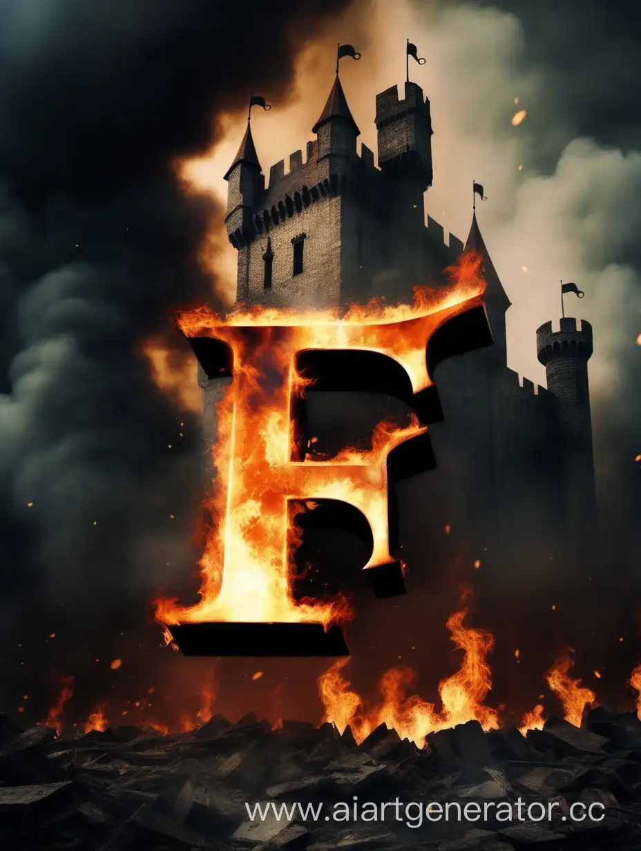 Горящая буква F на фоне горящего мрачного замка