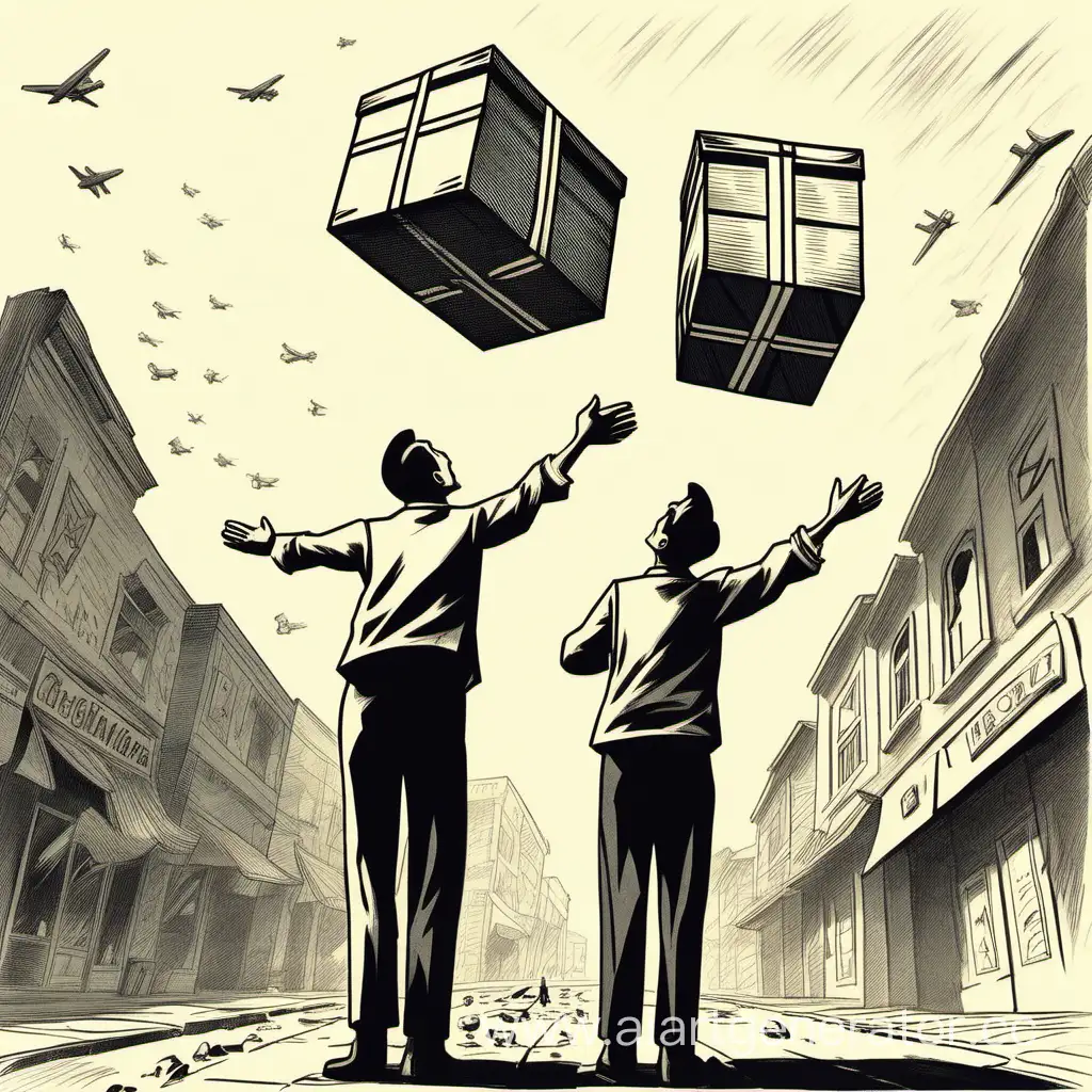 Два товарища смотрят наверх, где в небо улетают товары в коробках их магазина, после того как они закрылись на отпуск