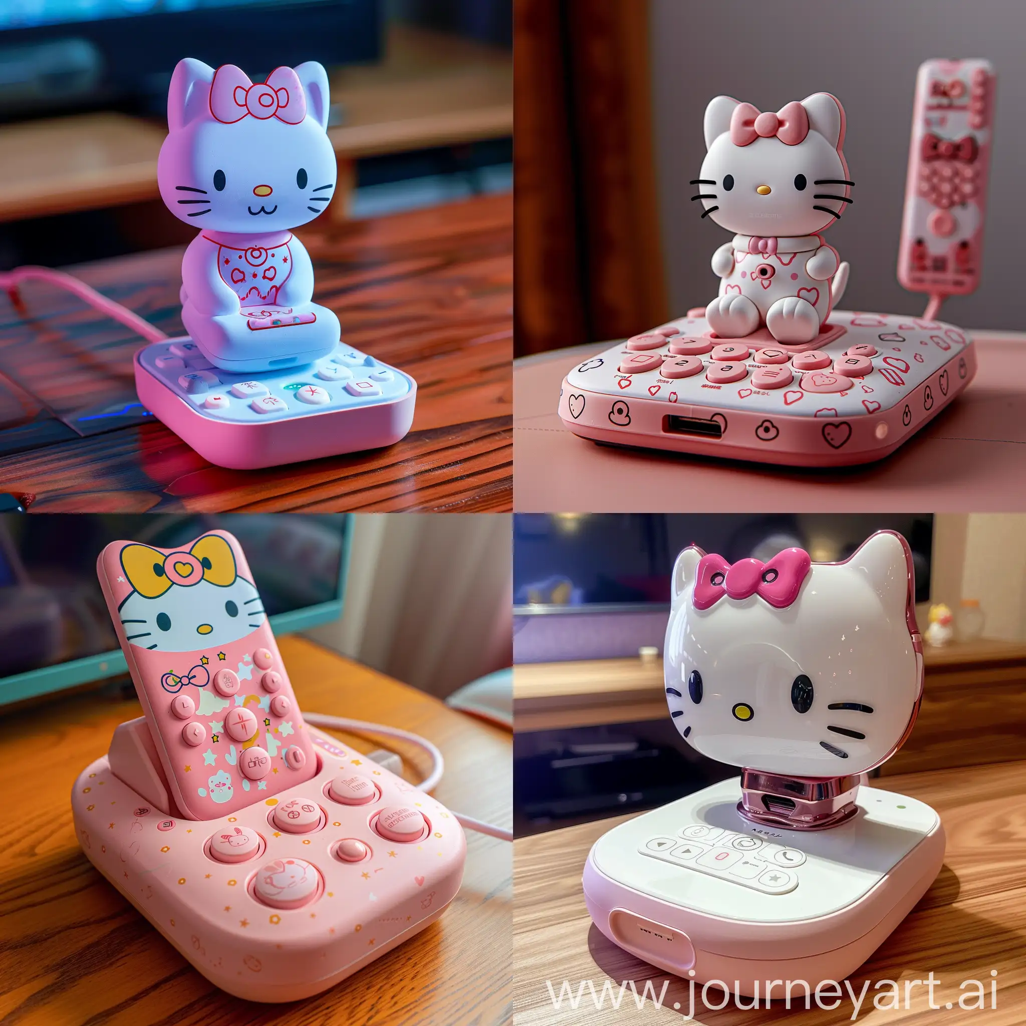 Hello kitty themed remote, kawaii, on wireless charging stand
