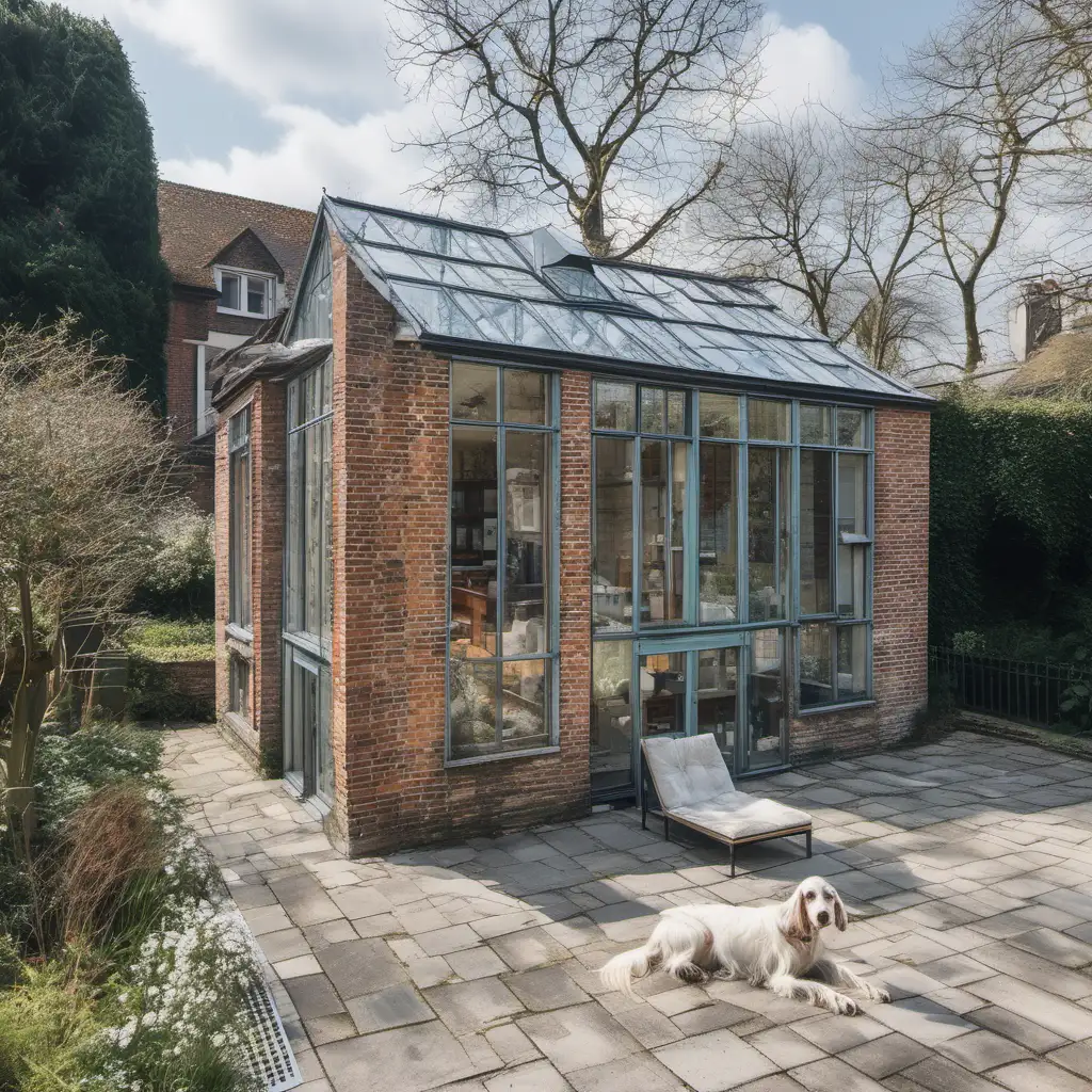 Sunny Day Elegance Old Building with Modern Glass House and English Setter