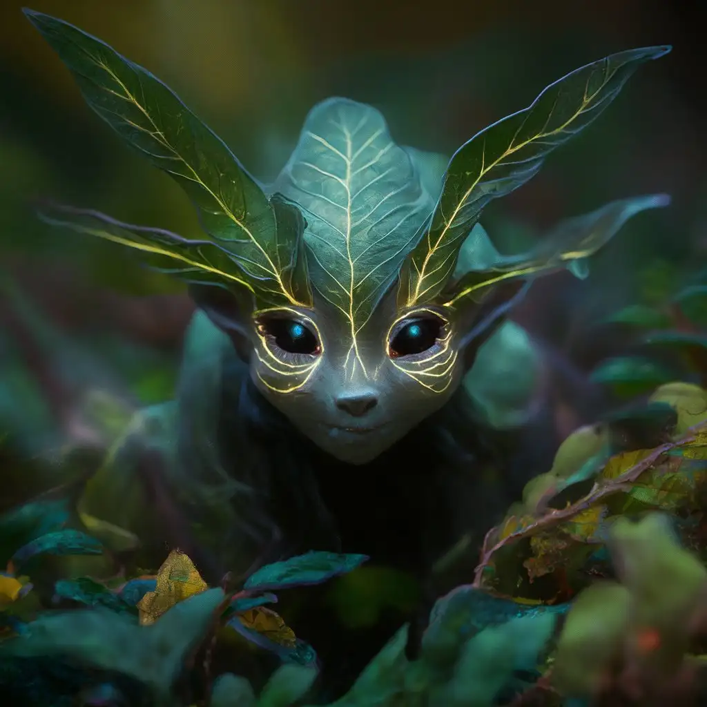 macro shot of a glowing forest spirit, leafy appendages outlined with veins of light, eyes a deep, enigmatic glow amidst the foliage.