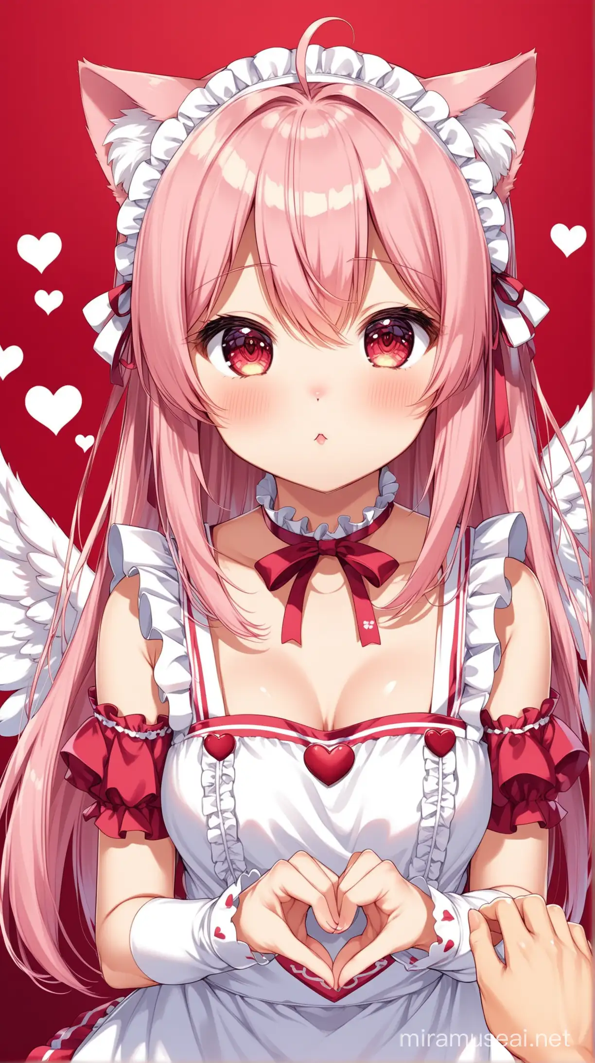 (Tamaki Iroha), High-quality anime illustration of cute cat girl, cat ears, cat tail, light pink hair, heart-shaped ahoge, straight long hair down, straight blunt middle bangs, two side up, (crimson eyes:1.3), wearing a pink maid uniform, detached sleeves, tiny neck bell, choker, ultra detailed hair, cute expression, kawaii, anime, detailed eyes, fluffy design, professional, 16k, hd, high resolution, best quality, cute, looking at viewer, adorable, petite body, animal ears, solo focus, POV, cat mouth:1.2), (:3, kurashina asuka,  beautiful, elegant, holding hands, pov hands, tiny angel wings, white wings, heart-shaped pupils, red background