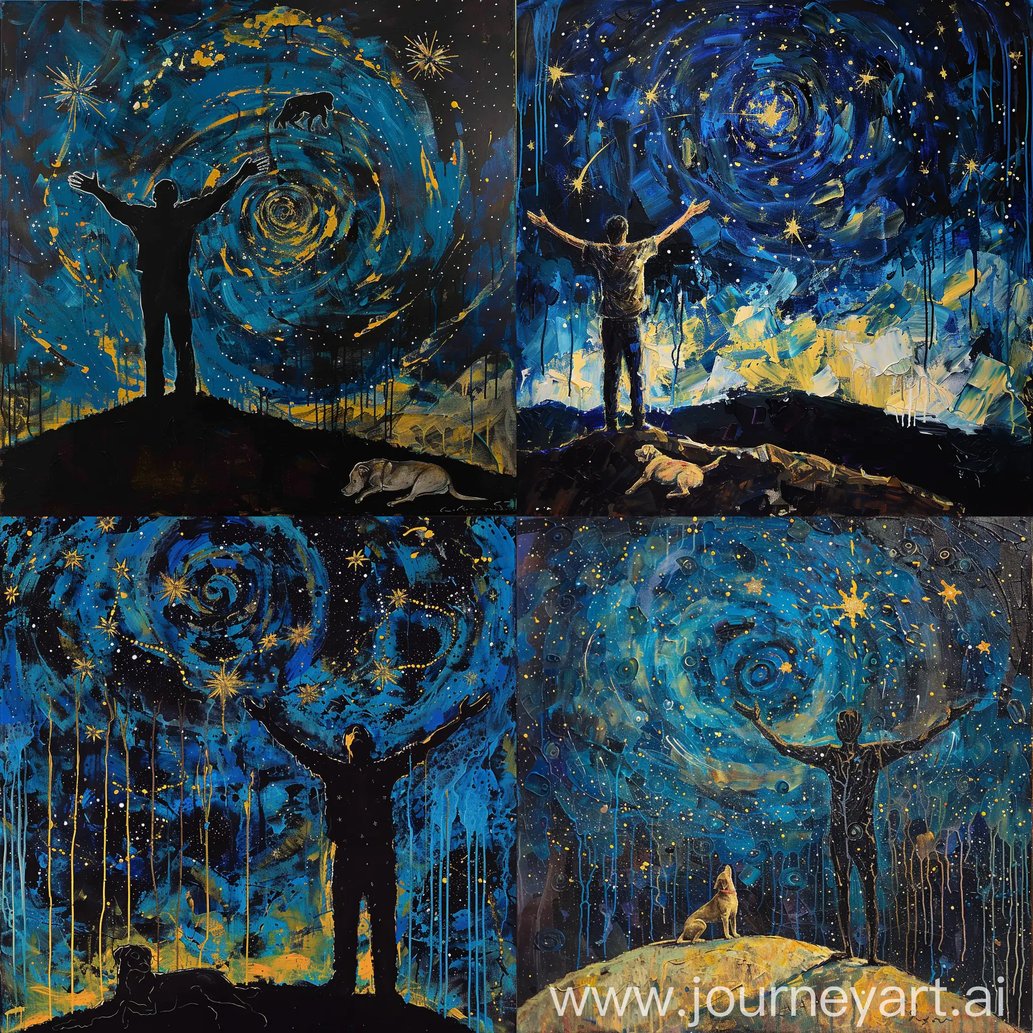 abstract expressionist painting of a man reaching for the stars, standing atop a hill with arms outstretched, in the style of Jackson Pollock, night sky with dripping paint and swirling cosmic patterns, sense of vast universe connection, color palette blue black yellow, with a dog lying on the ground beside him