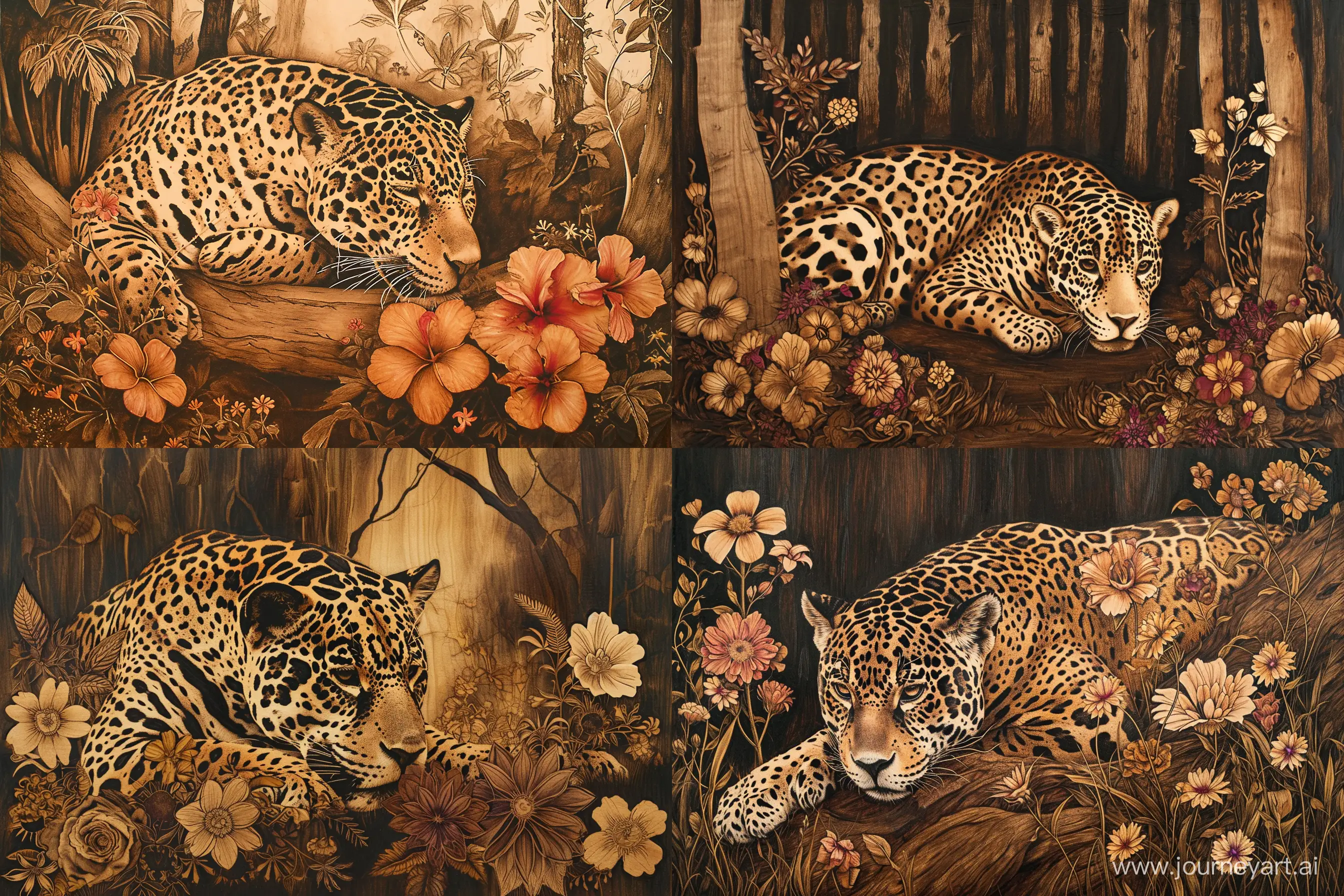 Pyrography, jaguar in a forest with flowers --ar 3:2 --seed 777 --v 6.0