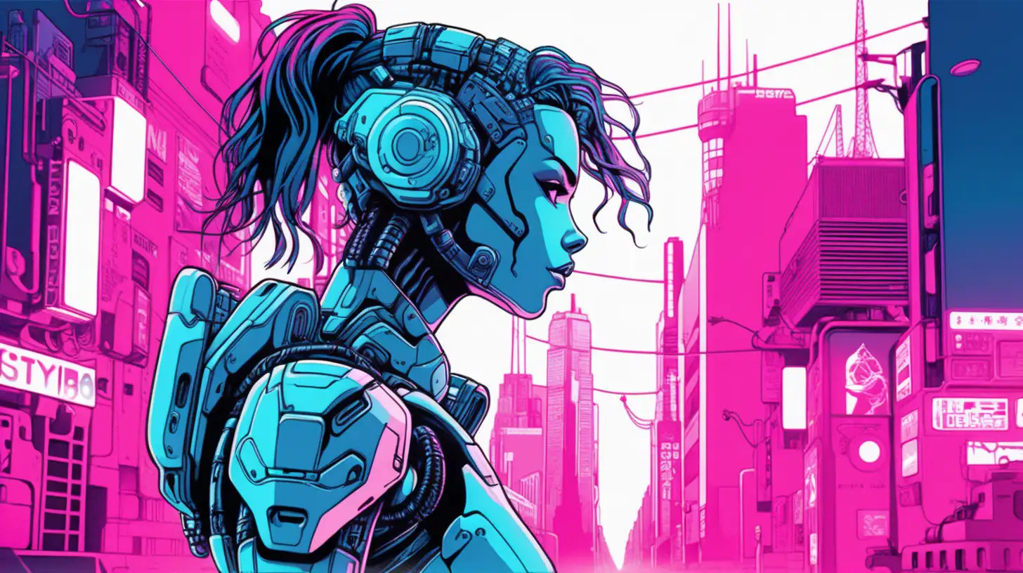 a silhoutte of a cyborg woman in a cyberpunk city.  Comic book style illustration. Pink and blue colors