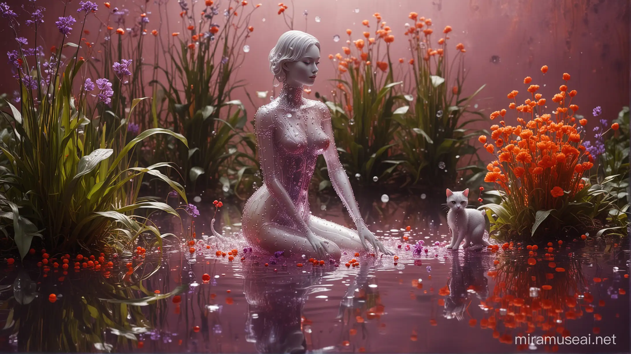 A human glass mannequin, transparent, sat in the water, with water plants and flowers, with silver dots and small shapes, next to a glass cat, red small dots, watering her plants, with furry violet and orange, abstract liquid melt background, high fashion, vintage photography, cinematic, soft fur