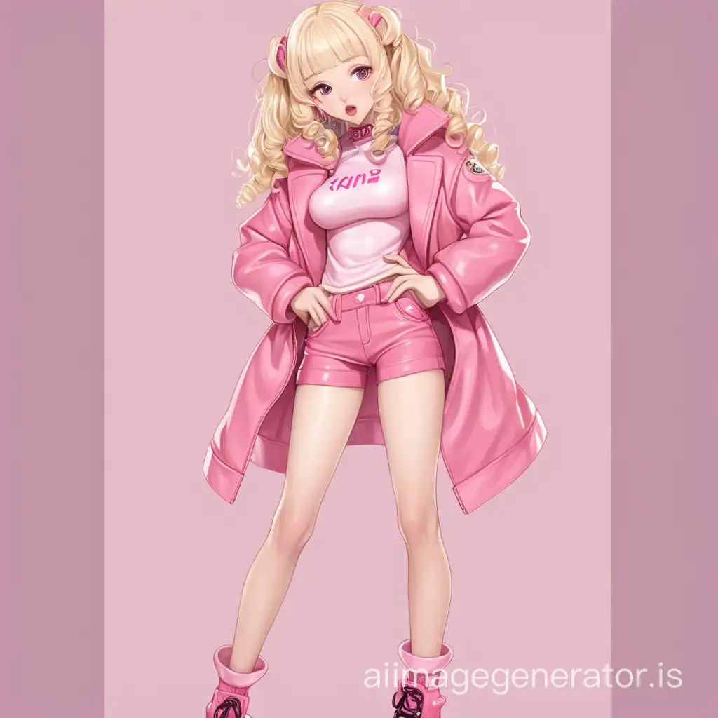 Anime woman with big lips and pink outfit and curly blonde hair full body legs and feet 